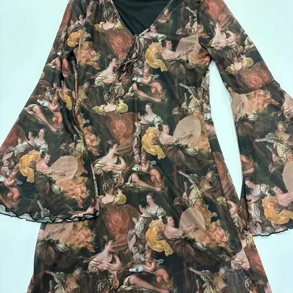 Renaissance Print Mesh Mini Dress Bell Sleeve Whimsigoth Ethereal Art stretchy - Picture 3 of 7